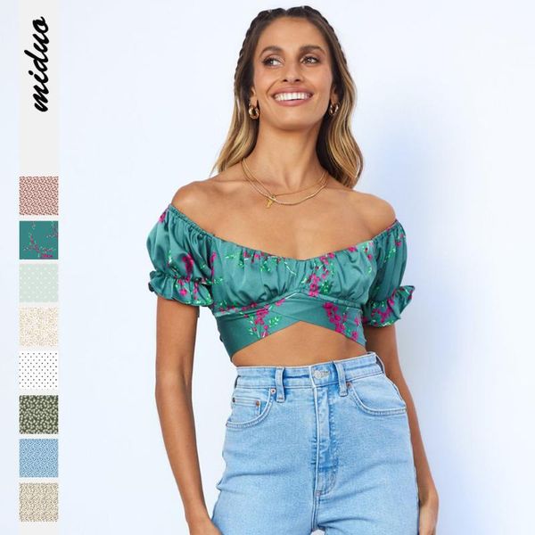 

women's t-shirt summer floral digital print one line collar bandage short sleeve miniskirt open navel, White