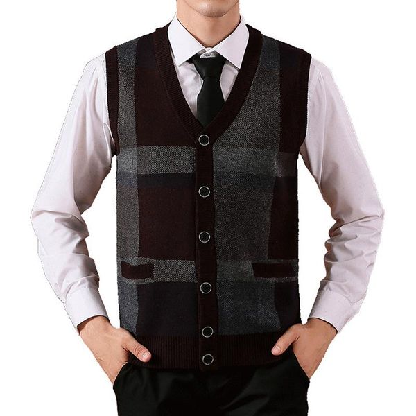 

men's vests men knit vest buttons down basic sweater cardigan sleeveless 45% wool casual vintage thick winter crossed stripes a08191029, Black;white
