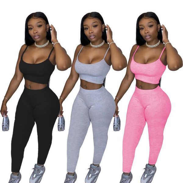 

fitness sporty workout two piece set women tracksuit strap active wear 2 outfits crop and pants matching sets 2021 women's tracksuits, Gray