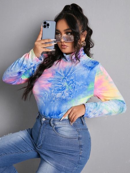 

plus tie dye mock neck bodysuit w5jk#, Black