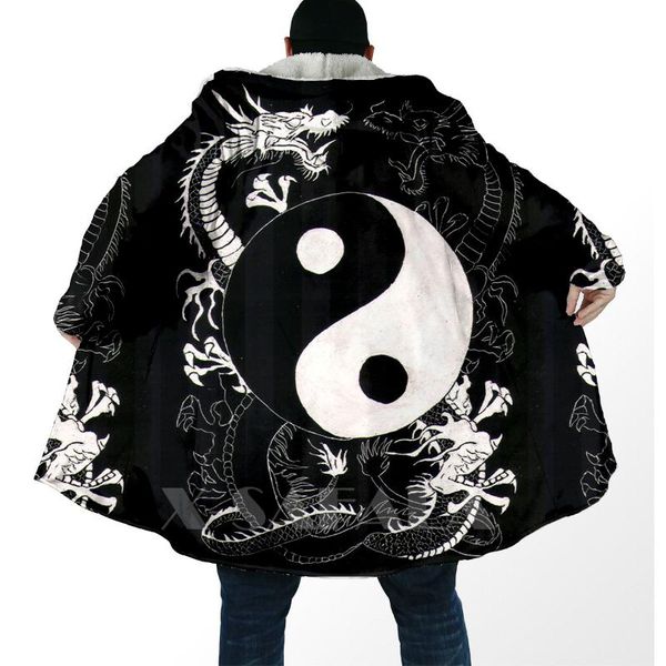 

men's wool & blends thick warm hooded cloak for women men tai chi yin and yang dragon wolf overcoat coat windproof fleece cape robe bla, Black