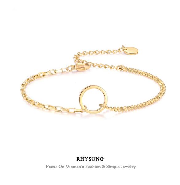 

rhysong simple gold hand chain with round circle pendant stainless steel bracelet fashion jewelry women sl13 charm bracelets, Golden;silver