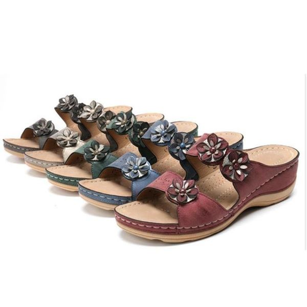 Hausschuhe 5 Farbe Sommer Frauen Slipper Blume Keil Damen Offene spitze Freizeitschuhe Plattform Rutschen Strand Sandalia