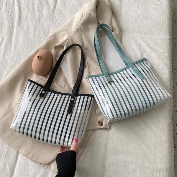 

evening bags summer women's stripes printing transparent 2pcs composite ladies shoulder bag handbags shopper tote small sac femme
