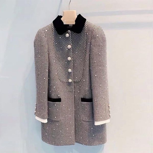 

women's wool & blends autumn and winter 2021 light mature wind doll collar gray white thousand bird lattice diamond velvet medium long, Black