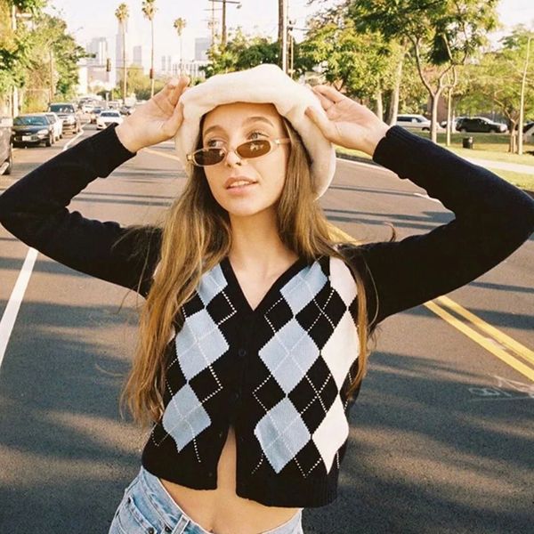 

vintage plaid cropped cardigans women autumn winter check streetwear chic short sweater knitted blue cardigans 210415, White;black