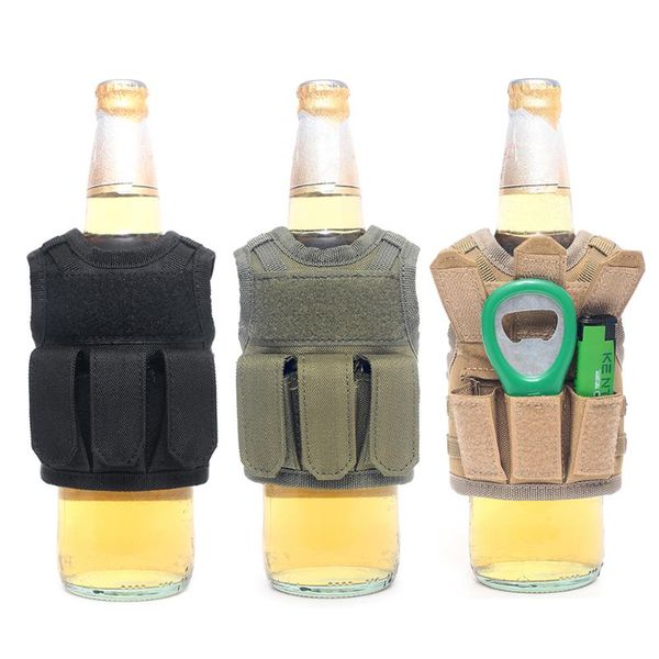 

military mini miniature molle vest personal bottle drink set adjustable shoulder strap tactical beer cover hunting jackets, Camo;black