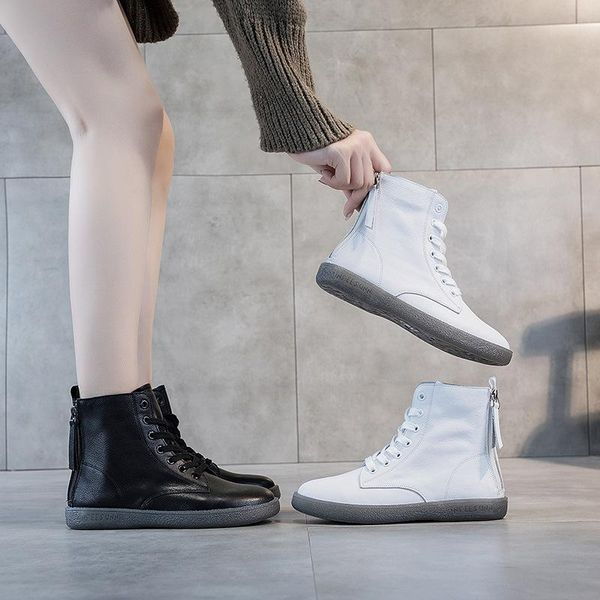 

boots little white shoes female 2021 spring all-match flat soft leather bottom double zipper, Black