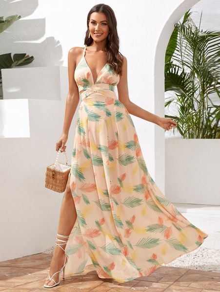 

lace up back tropical print dress m094#, Black;gray