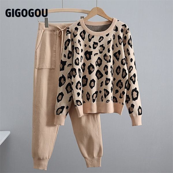 

gigogou leopard knitted women sweater costume autumn winter pullovers 2 peice set tracksuits two piece set korean sports suits 210709, White