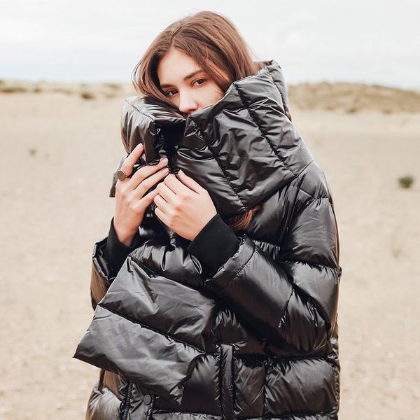 

women's down & parkas puffer jacket women luxury glossy thick coat parka windsr stand collar scarf high street black overcoat