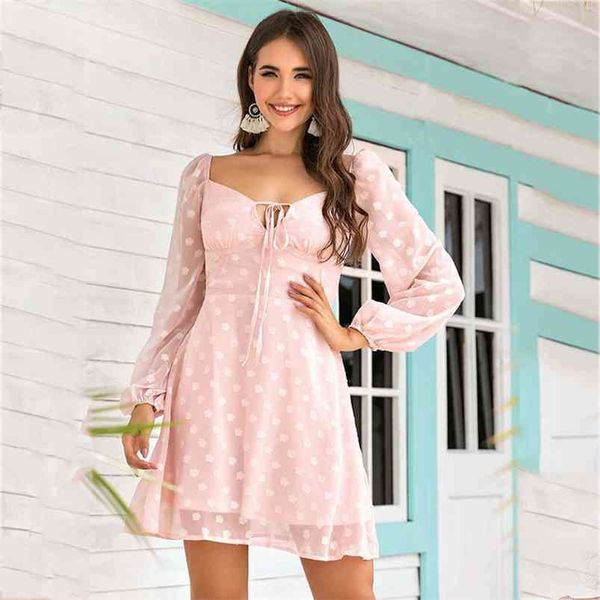 vinatge polka dot rosa chiffon partykleid schiere lange hülse spitze up elegante kurze winter vestidos de fiesta 210427