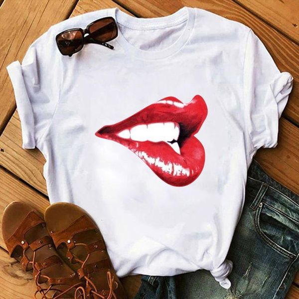 

fashion and women red mens lips print casual white short sleeve tee femme girl trendy streetwear, White;black