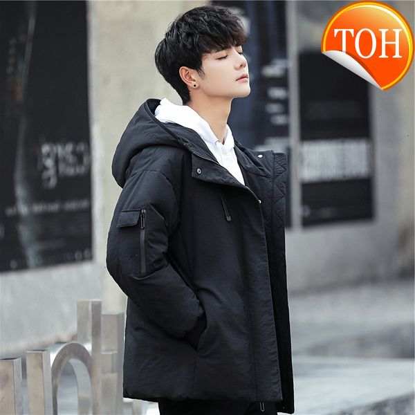 

winter new down jacket men's short hooded coat trendy brand handsome white duck thickened warm top, Black