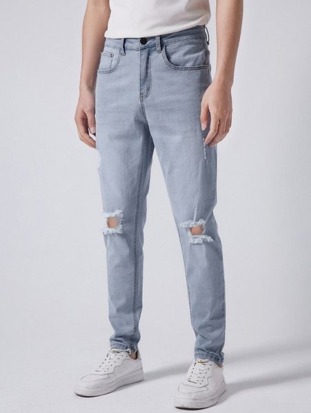 

men ripped frayed tapered jeans o468#, Blue