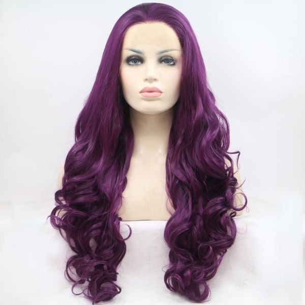

synthetic wigs dark purple color hair body wave lace front cosplay long natural glueless frontal for black women