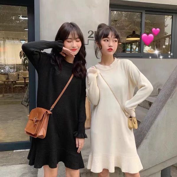 

casual dresses female thick dress knitted for autumn and winter, long sleeve dresses, maxi vintage dress, knitting l9wy, Black;gray