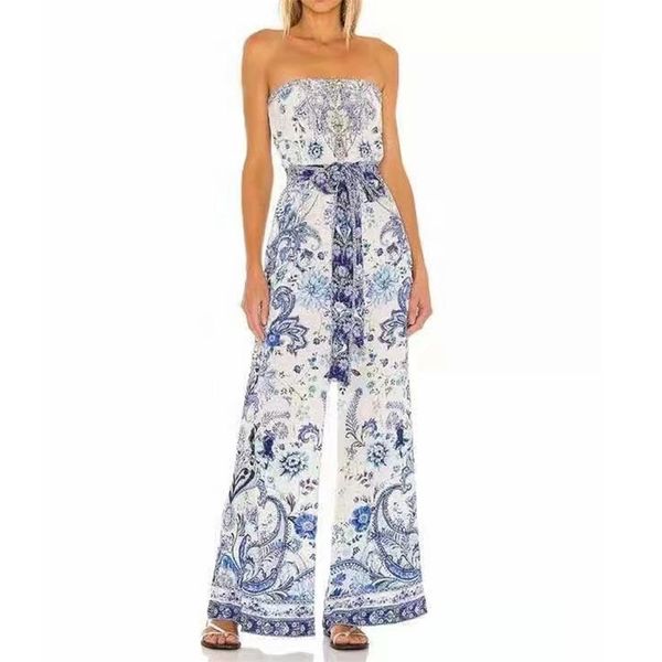 

women summer vintage jumpsuits rompers za off shoulder print wide leg sashes bow tie female chiffon bodysuit overalls 210513, Black;white