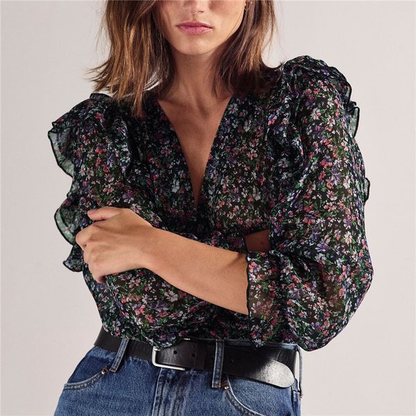 

blsqr casual ruffle women blouse shirt flare sleeve flower print female crop girlish style chiffon ladies 210430, White