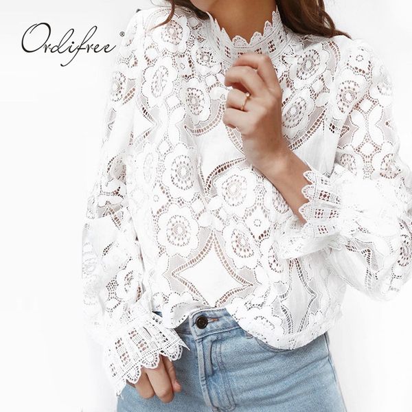 

summer women basic long sleeve see through white lace blouse shirt 210415