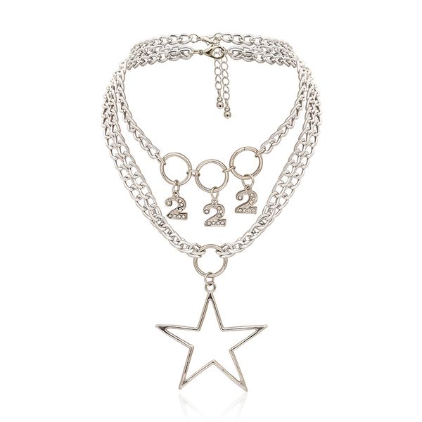 

multi-layer micro diamond digital geometric pendant necklaces punk style fashion retro number 2 exaggerated pentagram hip-hop cuban clavicle, Silver