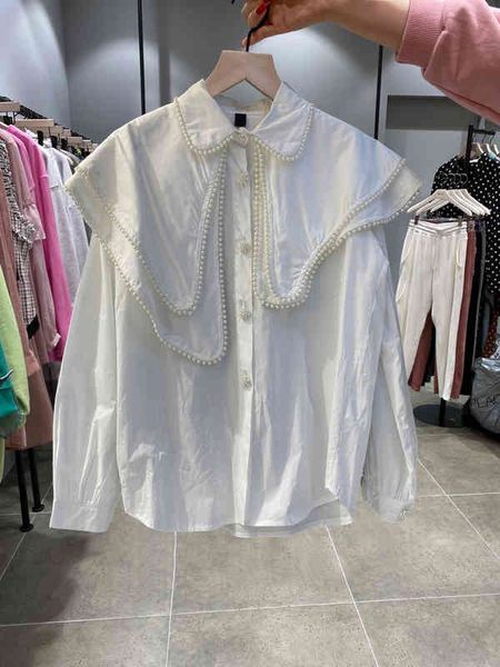 

sweet double-layer beading blouses women autumn korea fashion female long sleeve solid white shirt elegant