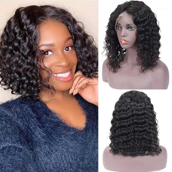 

peruvian deep wave wig short human hair wigs pre plucked 13x4 bob cut lace front 8-12 inch for black women 150% remy1, Black;brown