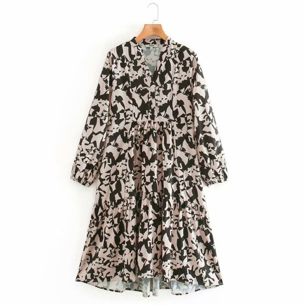 

summer women print vintage dress long sleeve v-neck buttons spliced es female elegant knee-length vestidos 210513, Black;gray