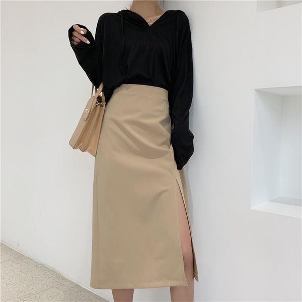 

skirts spring elegant solid high waist package hip skirt casual simple side slit a-line women mid-length female, Black