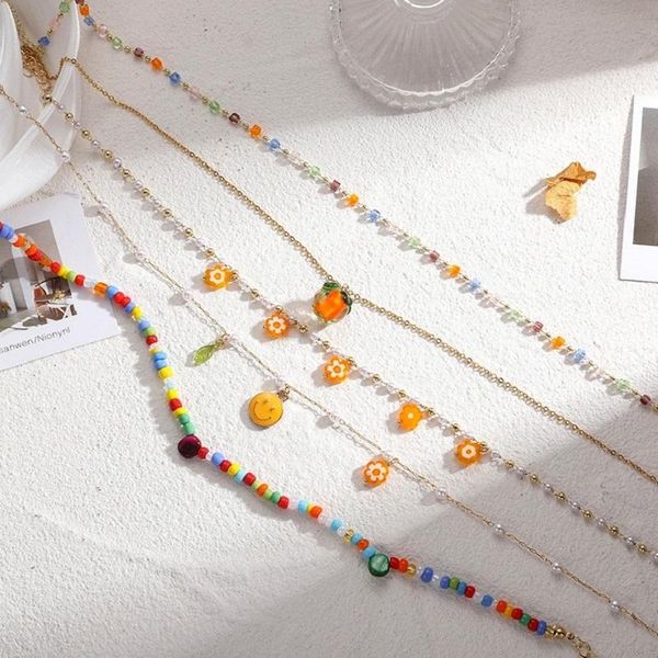 

chains 2021 ins sweet colorful crystal smile pendant orange necklace handmade bead choker for women girls party jewelry, Silver