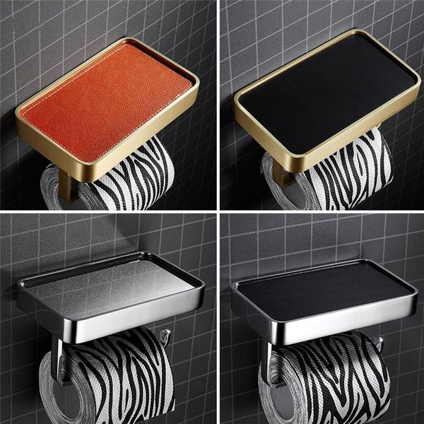 

brushed gold bathroom roll paper holder soild brass & leather bath mobile phone towel rack toilet tissue shelf wall mounted holders