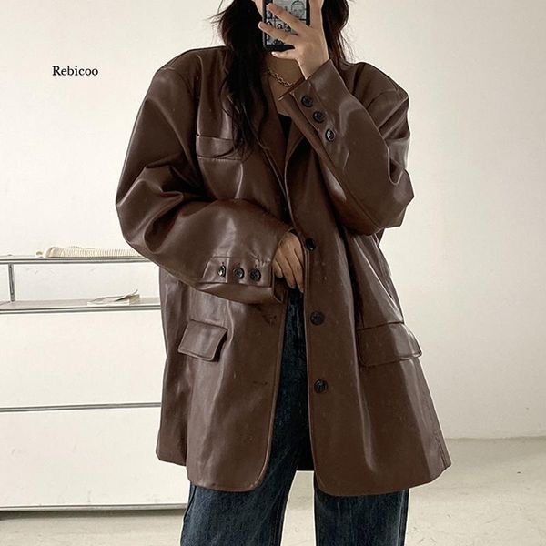 

women's leather & faux women vintage loose moto jacket casual outerwear korean biker chic streetwear pu female spring, Black