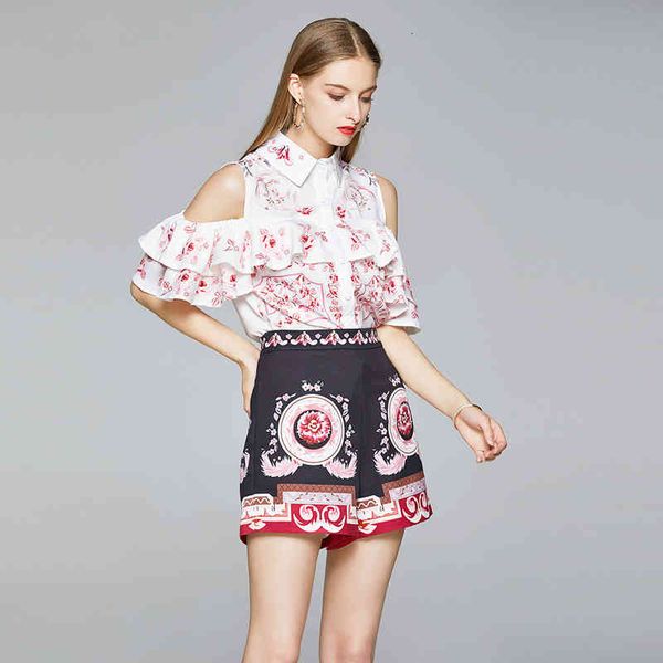 

women's shorts runway designer summer set women off shoulder ruffles pink flower print shirt + wide leg female two piece ohnd, White;black