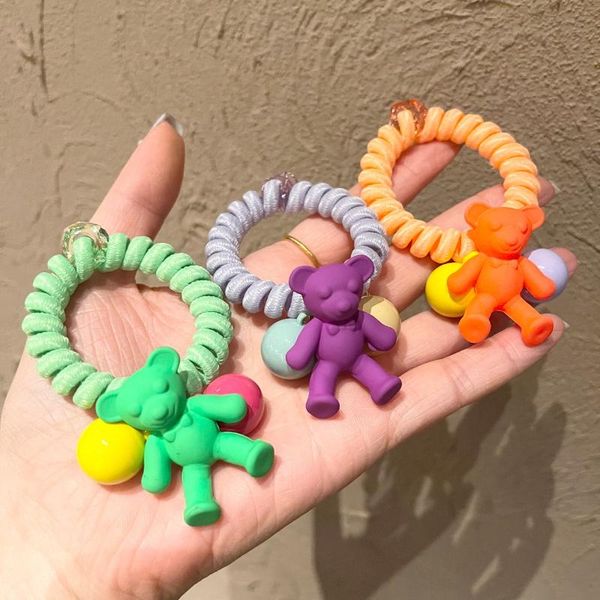 

hair accessories women candy color cute resin bear ties children summer phone cord rope girls ring rubber band kids headwear, Slivery;white