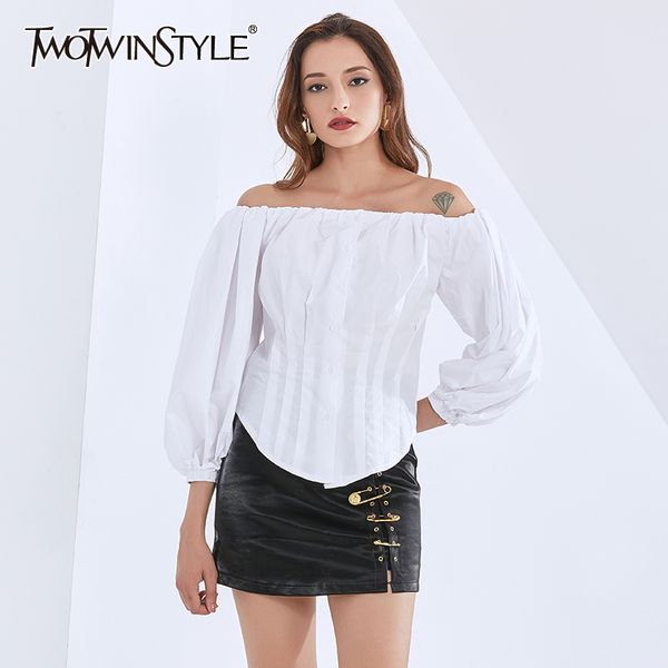 

casual black shirt for women slash neck lantern sleeve tunic soild minimalist blouse female fall fashion 210524, White