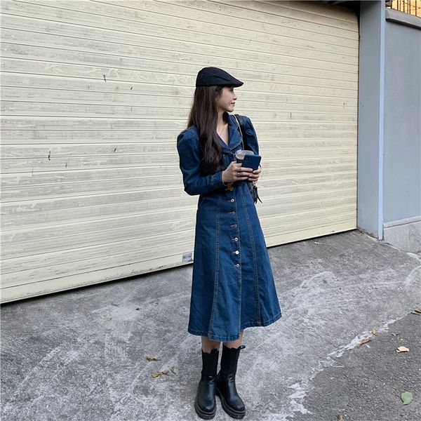 

dress ed in plain-waisted french jeans retro-mid-length skirt of long sleeves 8762 # with belt, Black;gray