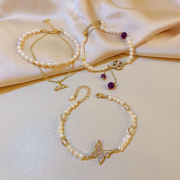 

link, chain fashionable fresh water pearl micro-inset zircon butterfly fishtail bracelet temperament design handdress woman, Black
