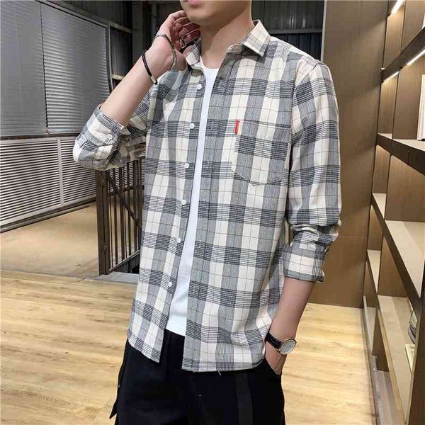 

fall 2020 new long sleeved shirt mens youth trend slim fit plaid fashion, Black