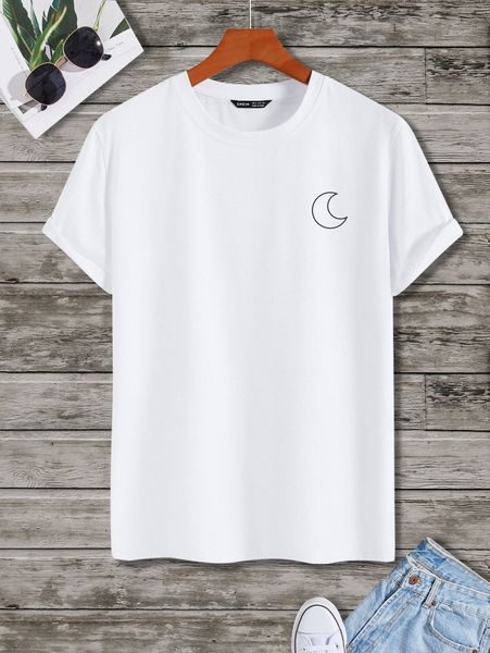 

men 1pc moon print tee 77sj#, White;black