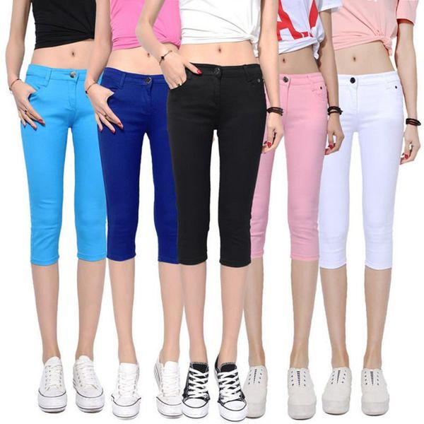 

women's jeans lpowss plus size korean summer stretch women candy color skinny cropped pencil pants slim streetwear casual, Blue
