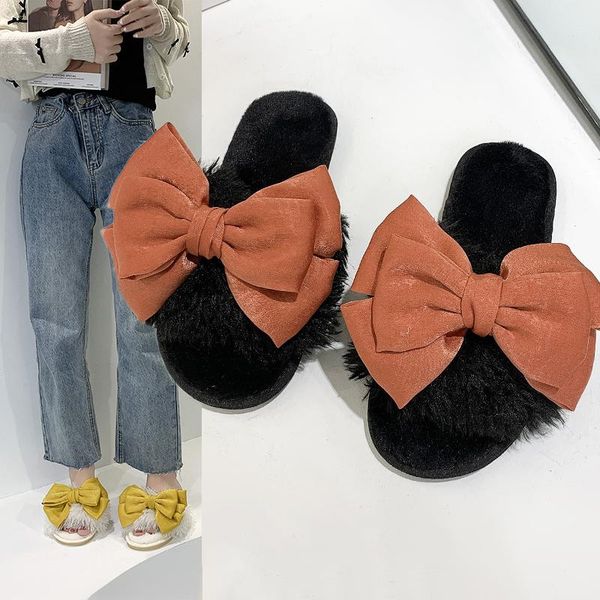 

slippers flat shoes female ladies' luxury slides low fur flip flops butterfly-knot designer rubber girl massage plush fashion bu, Black
