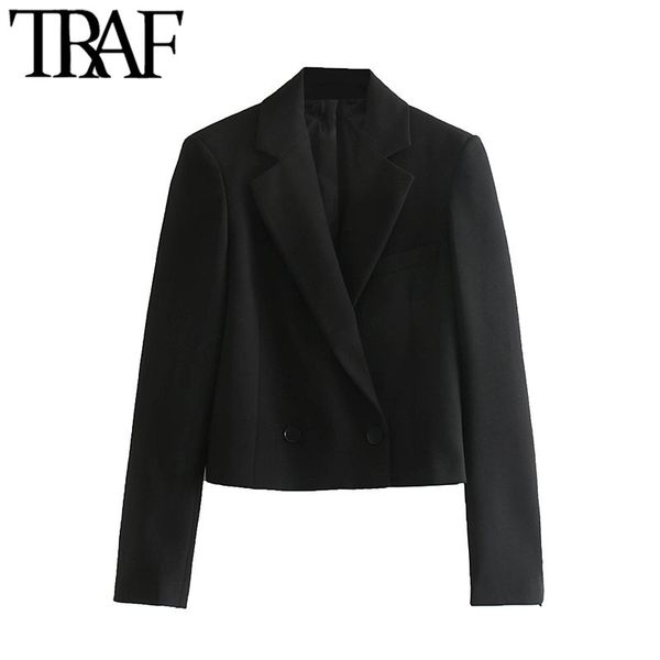 Traf mulheres vintage elegante estilo curto duplo breasted blazer casaco moda entalhado colarinho manga comprida feminina outerwear chique tops 210415