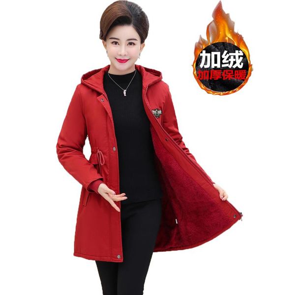 

windbreaker women casual fashionable mid-long plus velvet cotton trench coat with a hood women's autumn winter clothing coats, Tan;black
