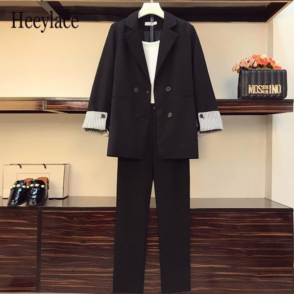 

women's two piece pants plus size office ladies autumn 4xl pieces set for women long sleeve notched double breasted coats and pant sets, White
