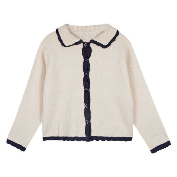 PERHAPS U Donna monopetto con bottoni lavorati a maglia corto maglione cardigan cavo solido colletto rovesciato Beige Navy M0266 210529