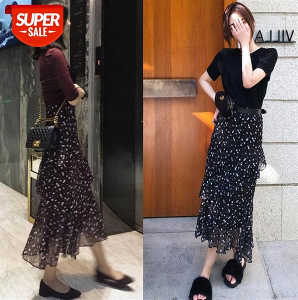 

~ mid-sleeve cotton t-shirt + ruffled a-line skirt, high waist chiffon floral long skirt set, women #ht3v, Black