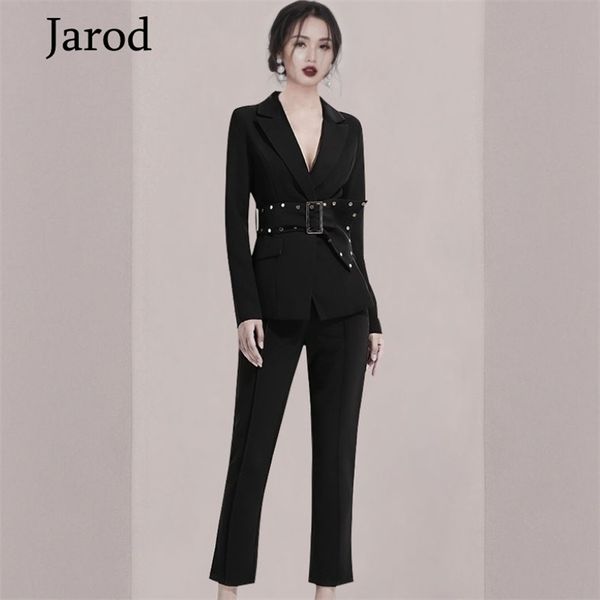 Negócios Primavera Outono Mulheres 2 Piece Formal Preto Longo Manga Comercial Blazers Casaco + Ol Lápis Pant Terno com Cinto 210519