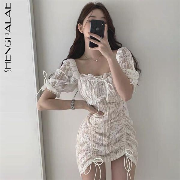 

lace gook dress women's summer square neck slim thin short sleeve drawstring mini dresses female 5c895 210427, Black;red