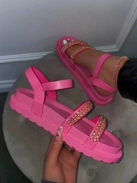 

women's sandals 2021 summer flat one word buckle large size beach women, Black