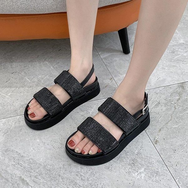 

platform sandals women crystal buckle shoes summer casual beach open toe thick sole beige black